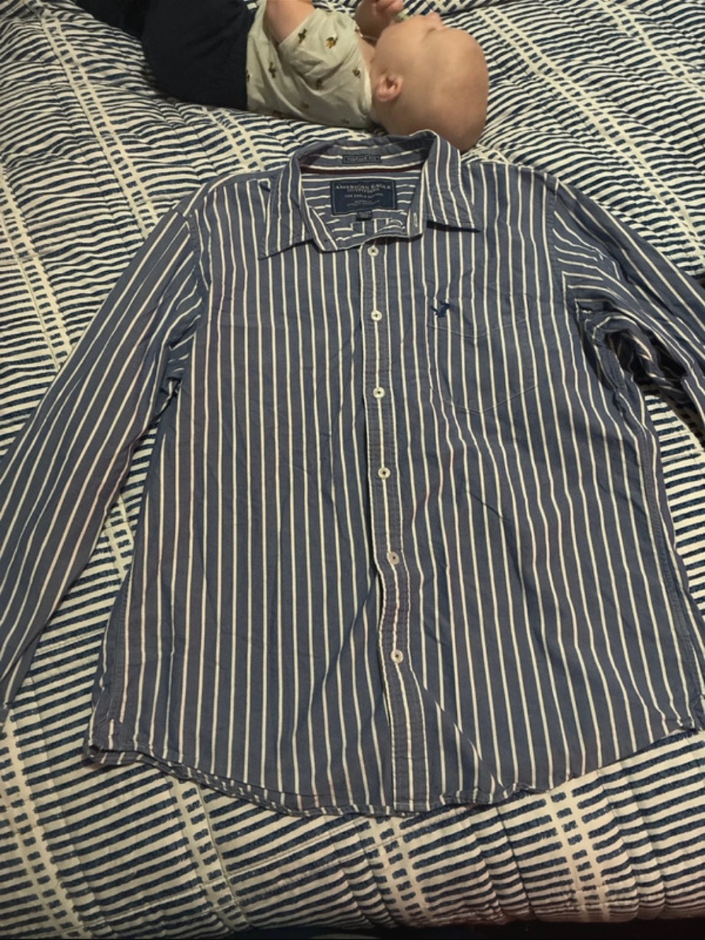 American Eagle Outfitters Blue and White Vertical Stripe Button-Down Shirt